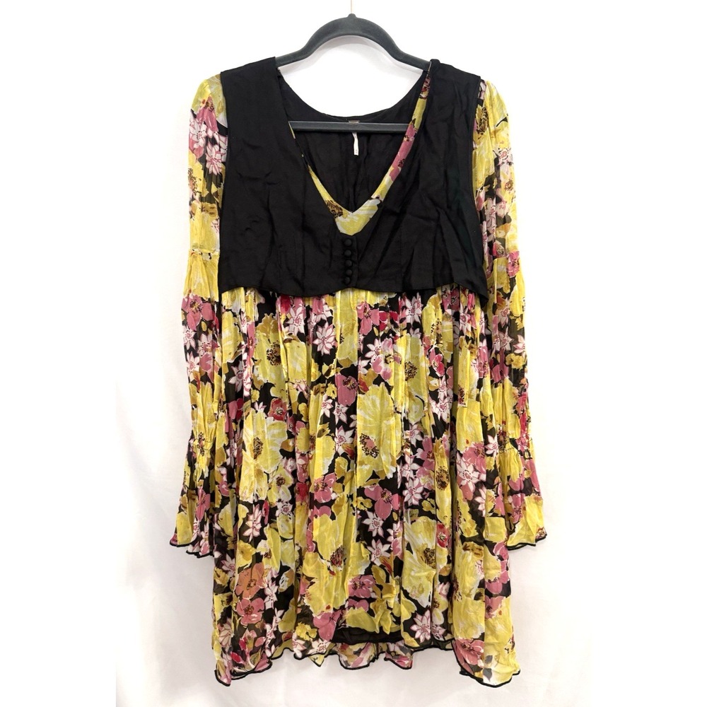 Free People Alice Vested Yellow Black Floral Mini Dress Womens Size XS Boho